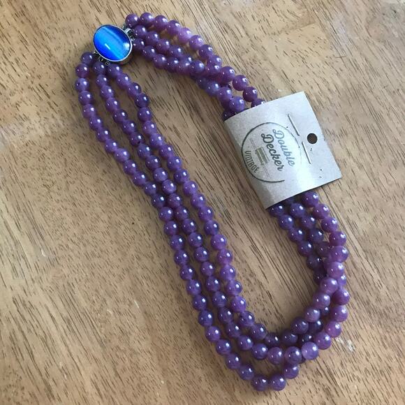 Vintage Purple Jade Gemstone Multistrand Necklace Blue Cateye Moonstone Clasp - Picture 5 of 5